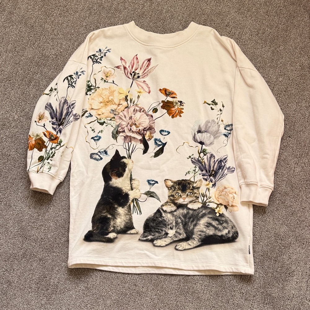 Floral Cat Print Sweatshirt- dress